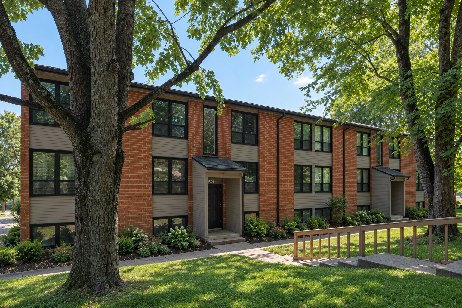 Multifamily apartment building with landscaped grounds and mature trees